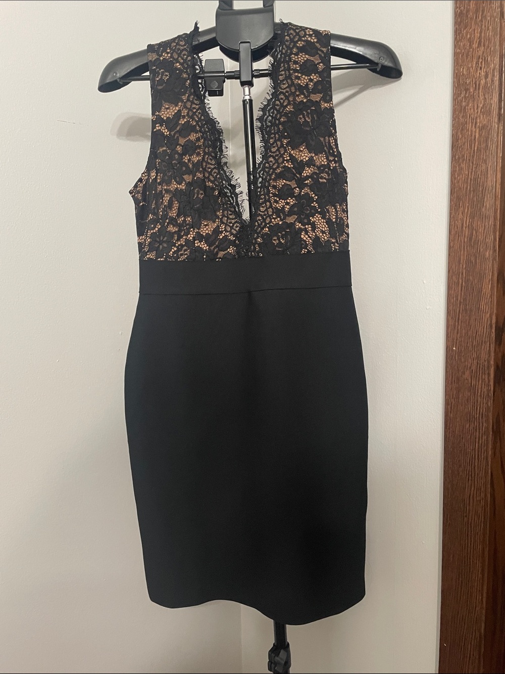 Gracia Black Lace-Overlay Deep V Sheath Mini Dress with Nude Lining